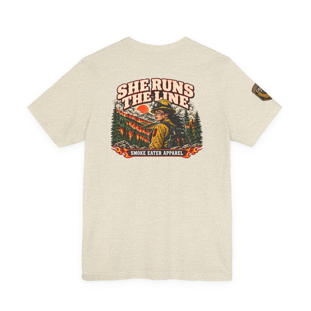 She Runs the Line – Female Wildland Firefighter Crew Leader T-Shirt
