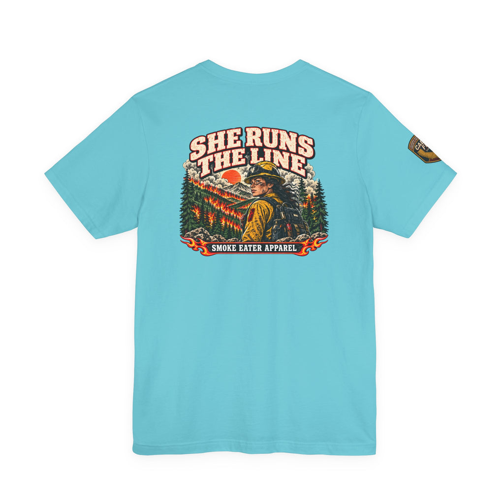 She Runs the Line – Female Wildland Firefighter Crew Leader T-Shirt