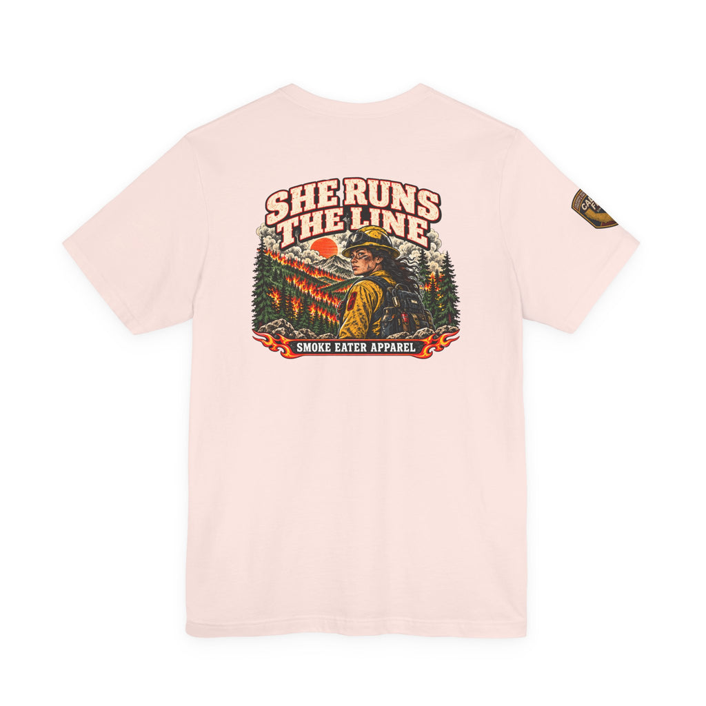 She Runs the Line – Female Wildland Firefighter Crew Leader T-Shirt