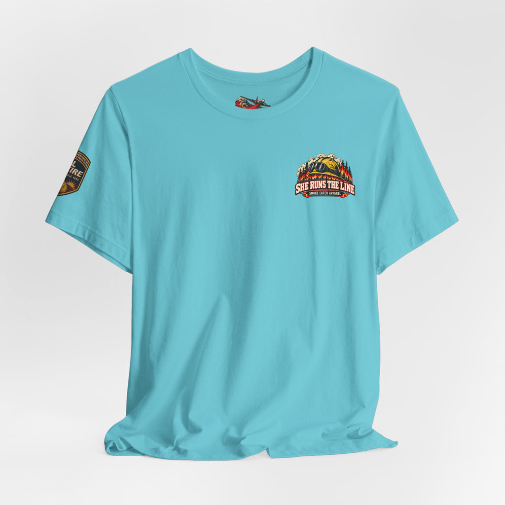 She Runs the Line – Female Wildland Firefighter Crew Leader T-Shirt
