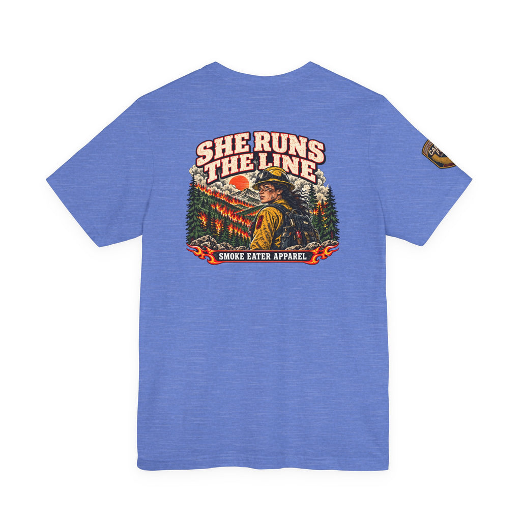She Runs the Line – Female Wildland Firefighter Crew Leader T-Shirt