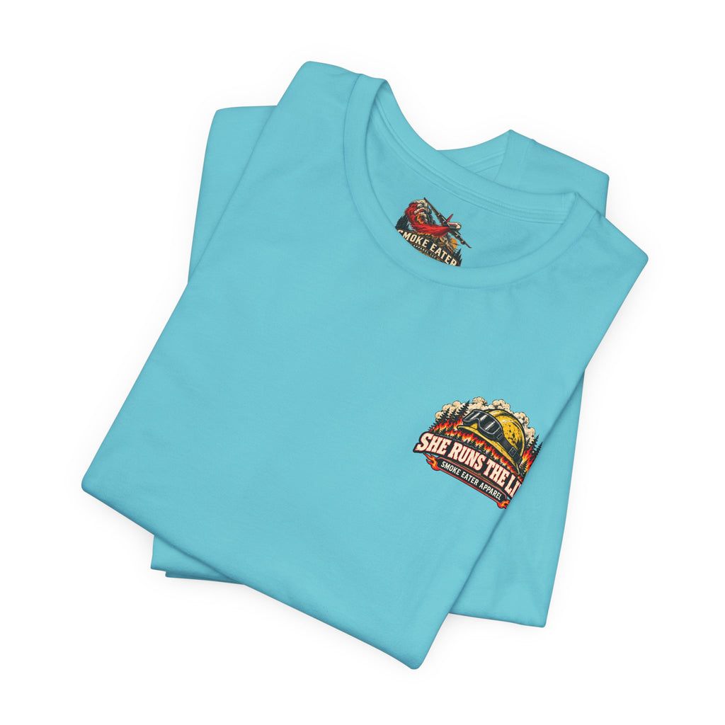 She Runs the Line – Female Wildland Firefighter Crew Leader T-Shirt