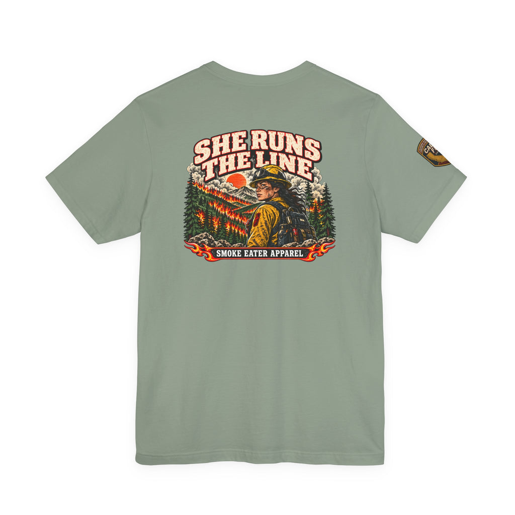 She Runs the Line – Female Wildland Firefighter Crew Leader T-Shirt