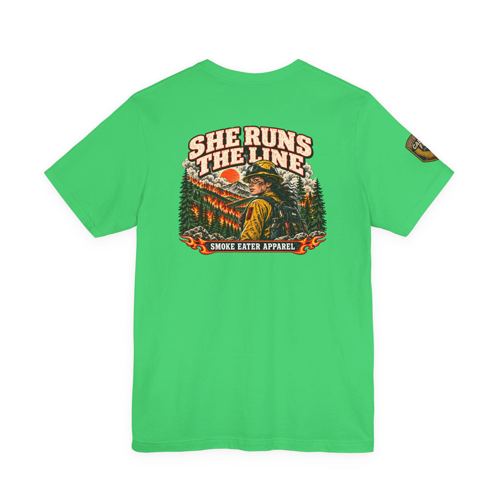 She Runs the Line – Female Wildland Firefighter Crew Leader T-Shirt
