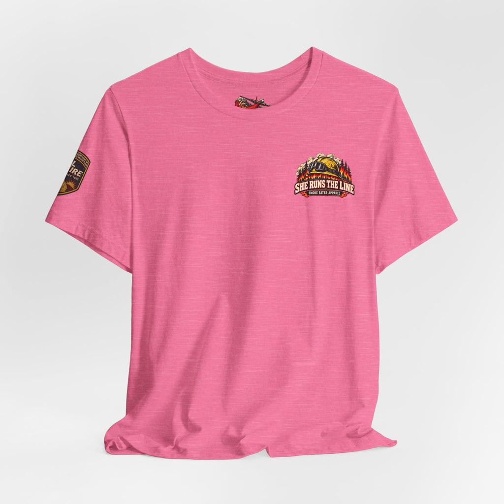 She Runs the Line – Female Wildland Firefighter Crew Leader T-Shirt