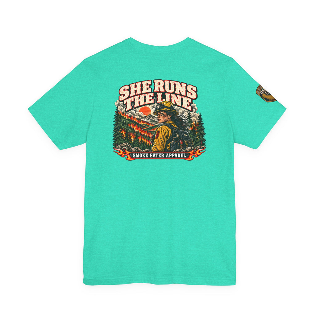 She Runs the Line – Female Wildland Firefighter Crew Leader T-Shirt