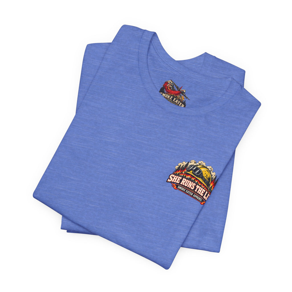 She Runs the Line – Female Wildland Firefighter Crew Leader T-Shirt