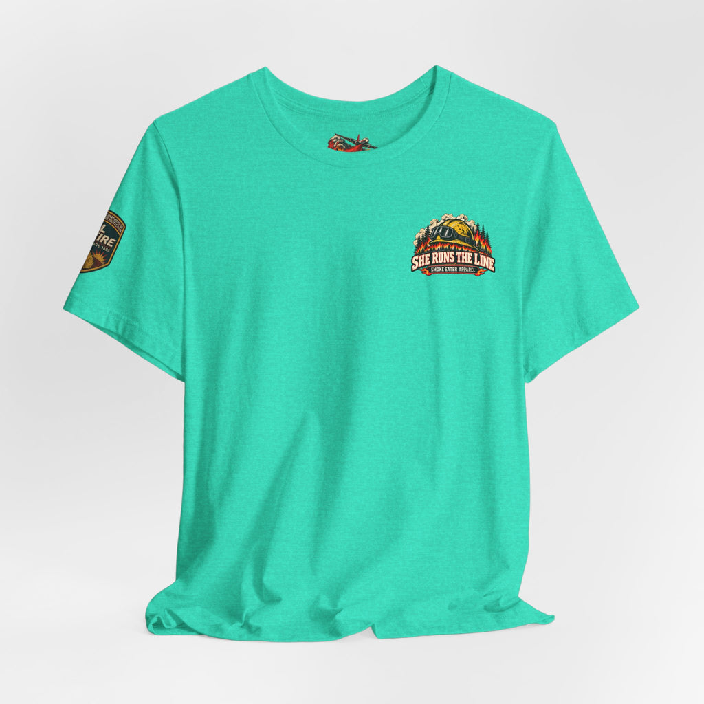 She Runs the Line – Female Wildland Firefighter Crew Leader T-Shirt