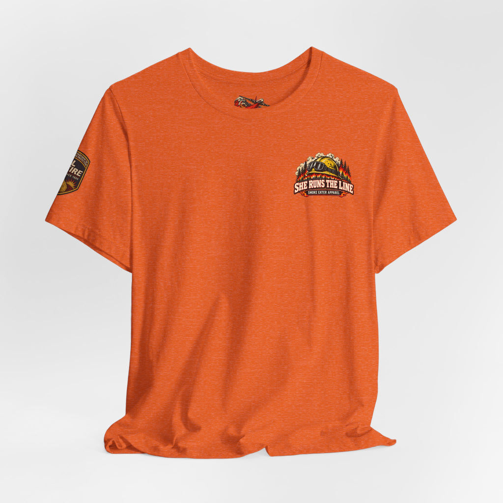She Runs the Line – Female Wildland Firefighter Crew Leader T-Shirt