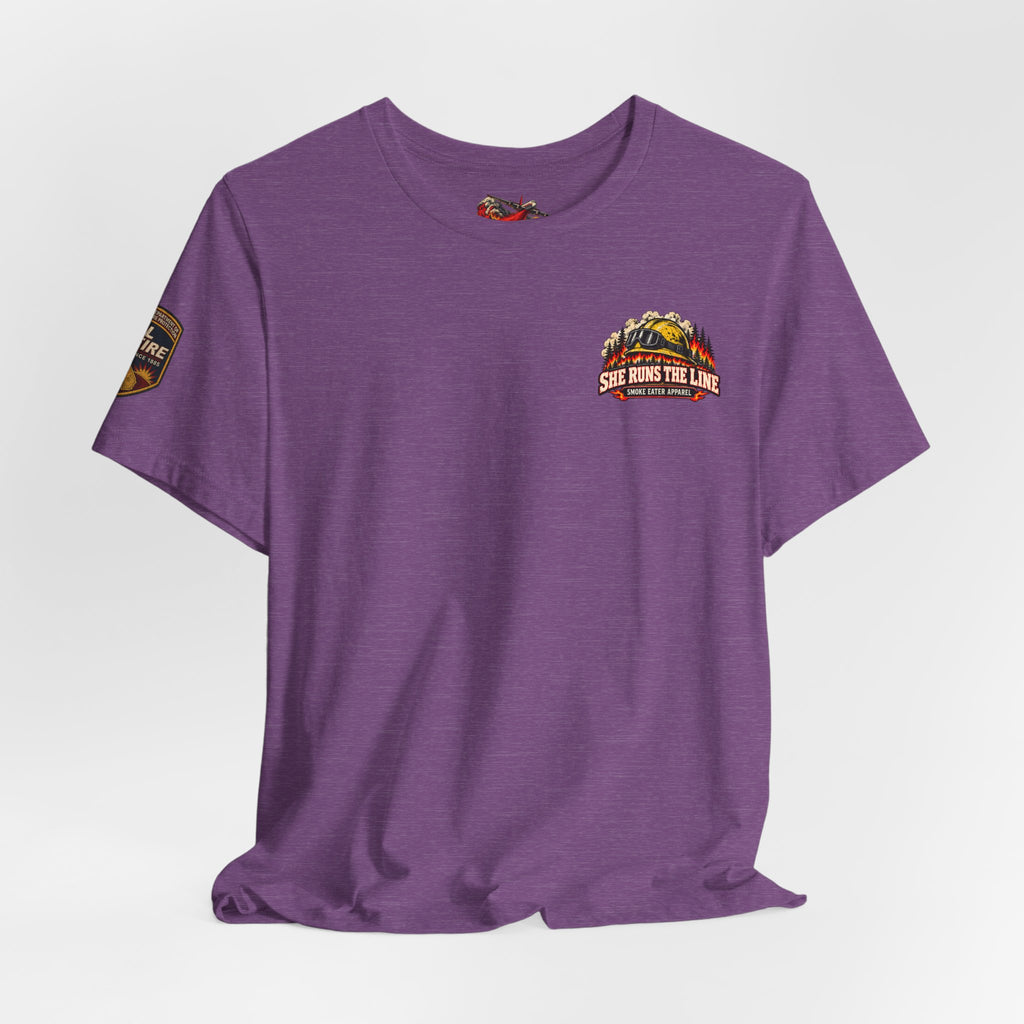 She Runs the Line – Female Wildland Firefighter Crew Leader T-Shirt