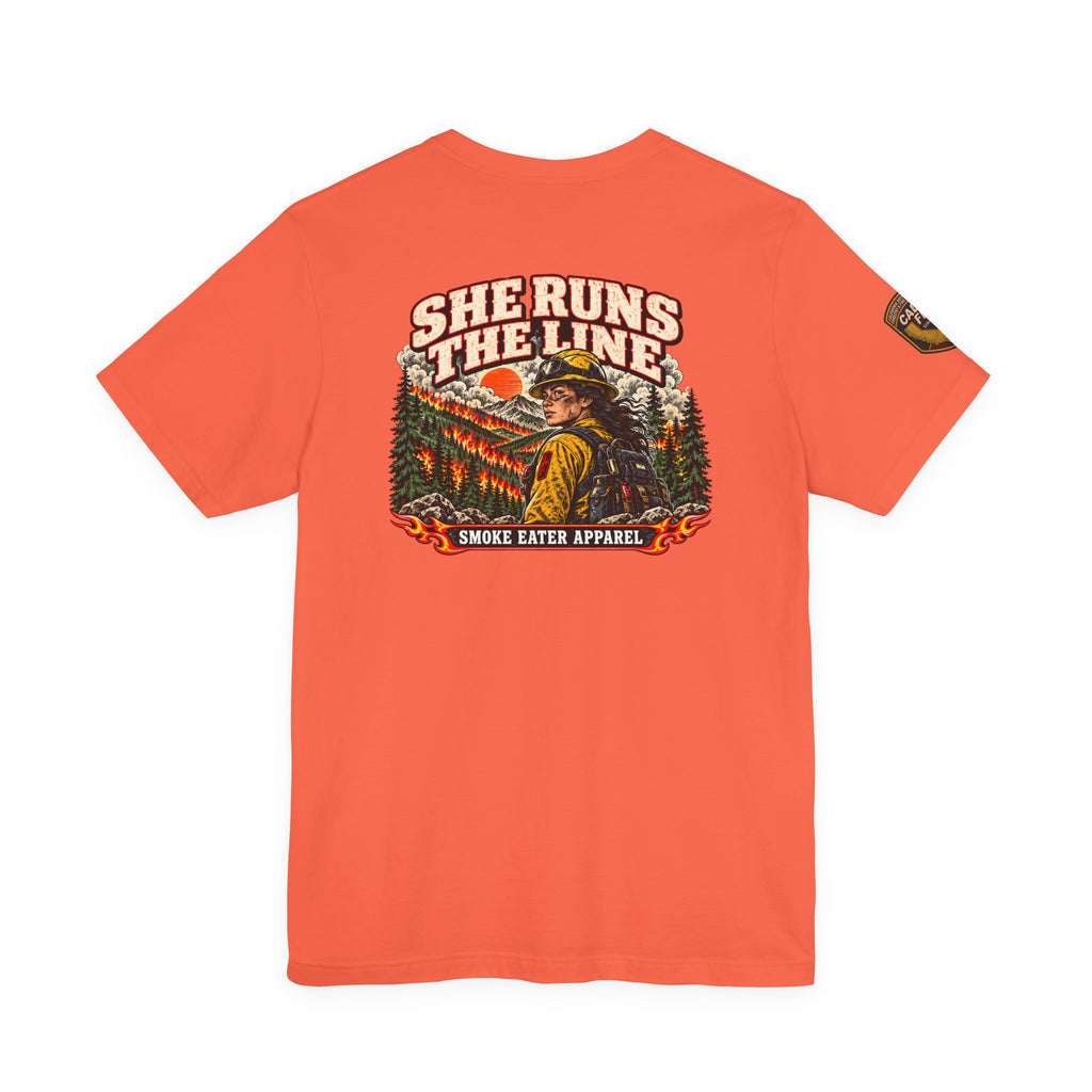 She Runs the Line – Female Wildland Firefighter Crew Leader T-Shirt